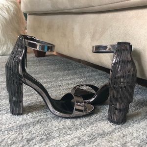 Patent Silver Pewter Fringe Chunky Sandal Heels